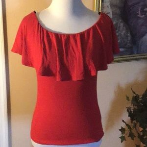 Red ruffle, on or off the shoulder blouse with short sleeves